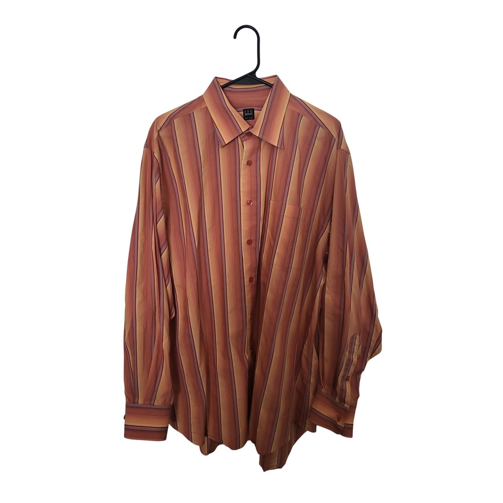 Ike Behar Button Down Shirt Mens XL Orange Striped Long Sleeve Cotton Pocket
